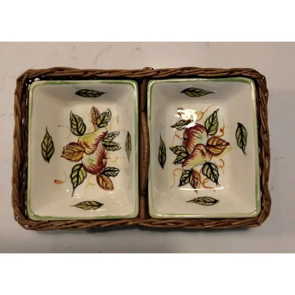 Vtg. Two Ceramic Serving Dishes In Divided Wicker Basket Japan Harvest Theme.